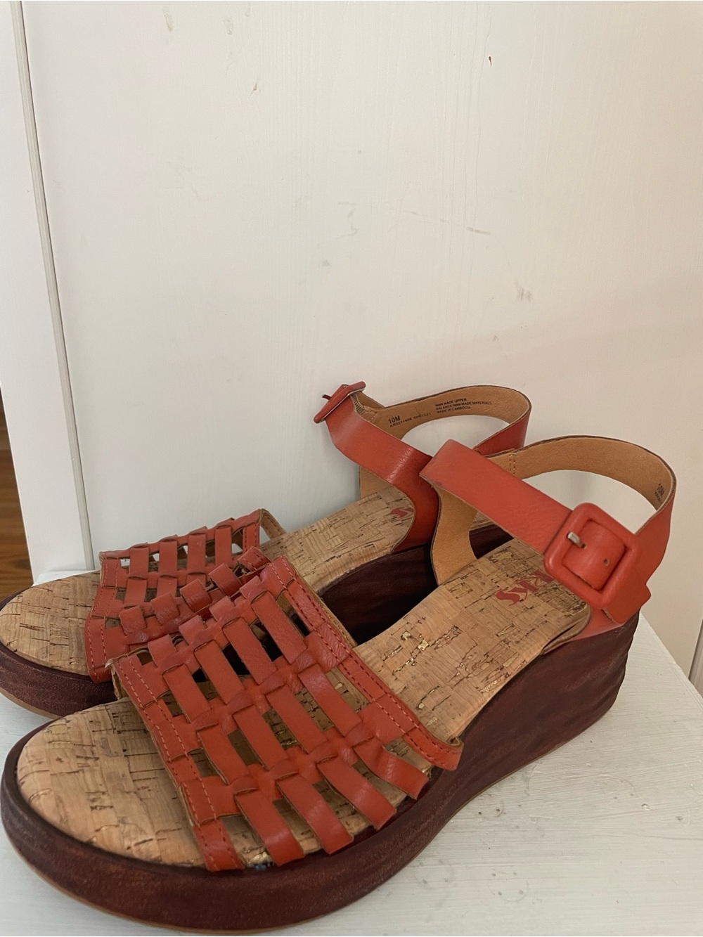 Kirk’s Women’s Orange Woven Cork Wedge Sandals Size 10